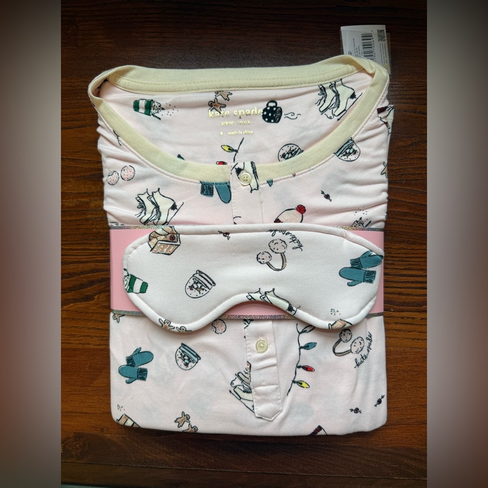 Kate Spade Pink Long Sleeve Pajama Set with Eye Mask